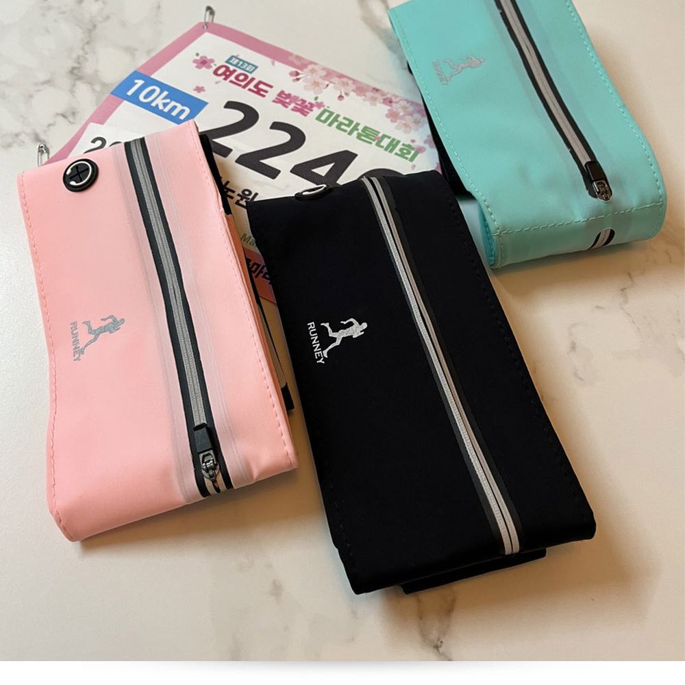 RUNNEY running belt pouches in pink, black, and mint